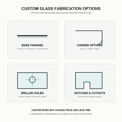Custom glass fabrication options including edge finishes, radius corners, drilled holes, notches, and cutouts