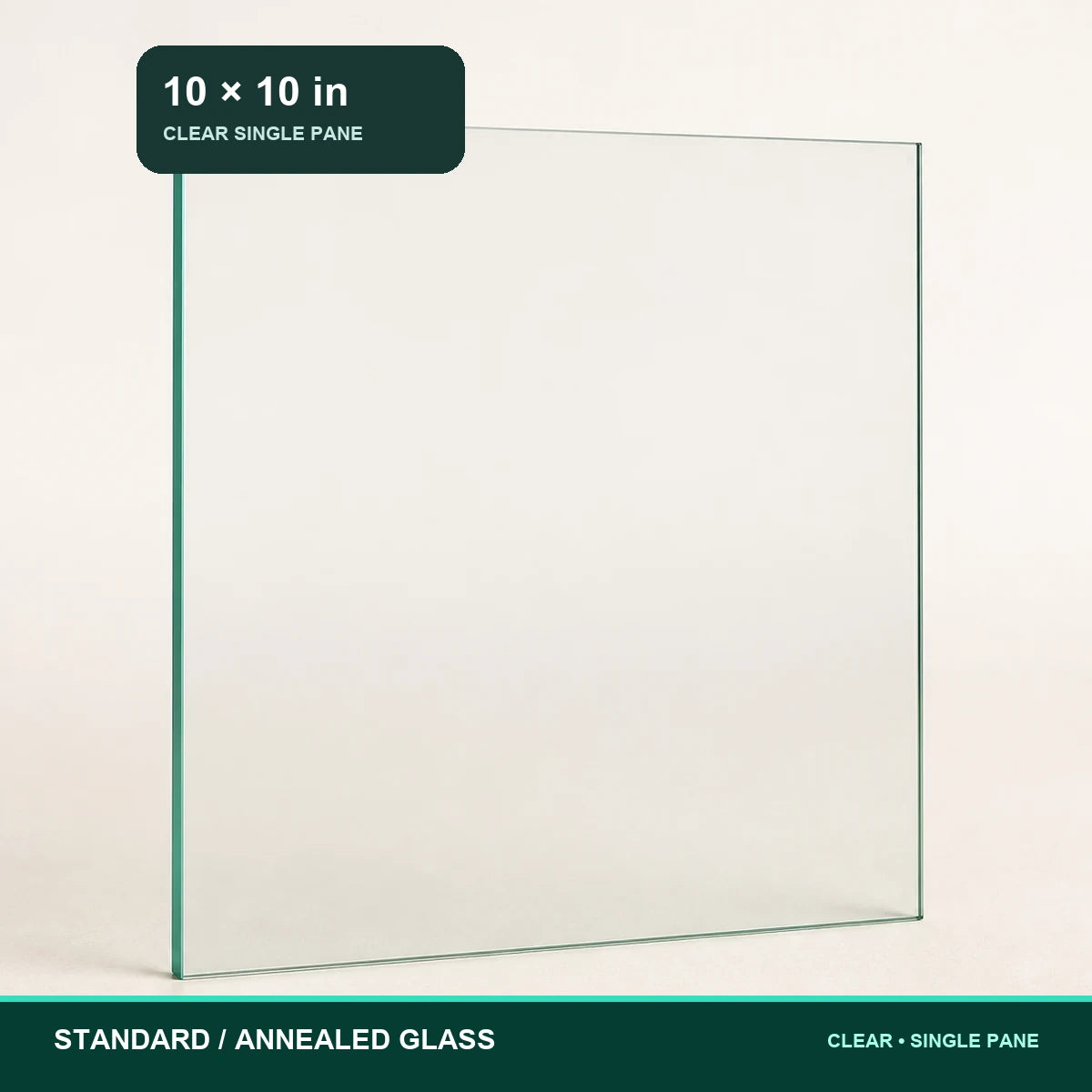 Clear 10 by 10 inch standard annealed single-pane glass on a warm beige background with size and glass-type labels