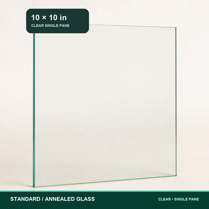 Clear 10 by 10 inch standard annealed single-pane glass on a warm beige background with size and glass-type labels