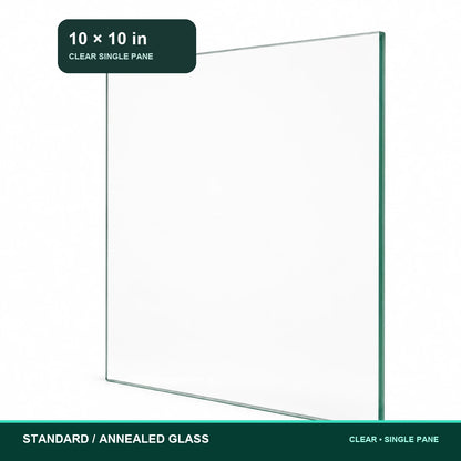 Clear 10 by 10 inch standard annealed single-pane glass on a white background with size and glass-type labels