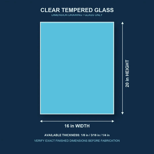 Construction dimension drawing for 16 by 20 inch clear tempered glass