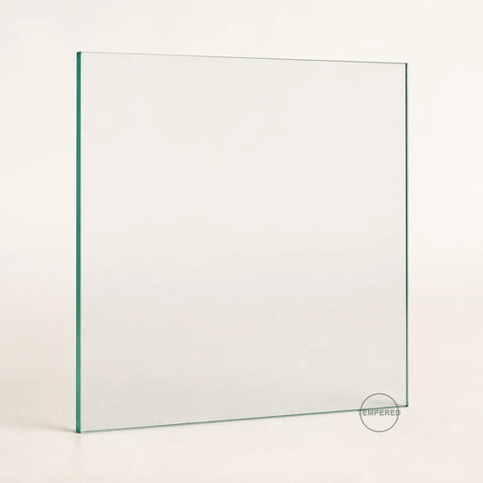 Clear tempered safety glass pane, 18 inches wide by 18 inches high, with tempered mark