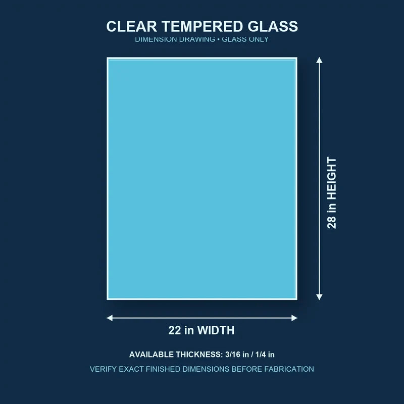 Construction dimension drawing for 22 by 28 inch clear tempered glass