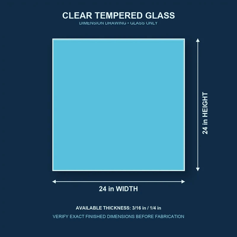 Construction dimension drawing for 24 by 24 inch clear tempered glass