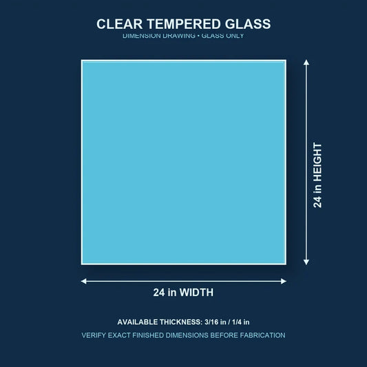 Construction dimension drawing for 24 by 24 inch clear tempered glass