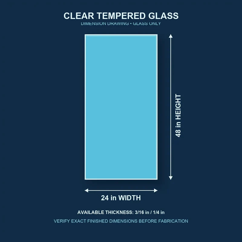 Construction dimension drawing for 24 by 48 inch clear tempered glass