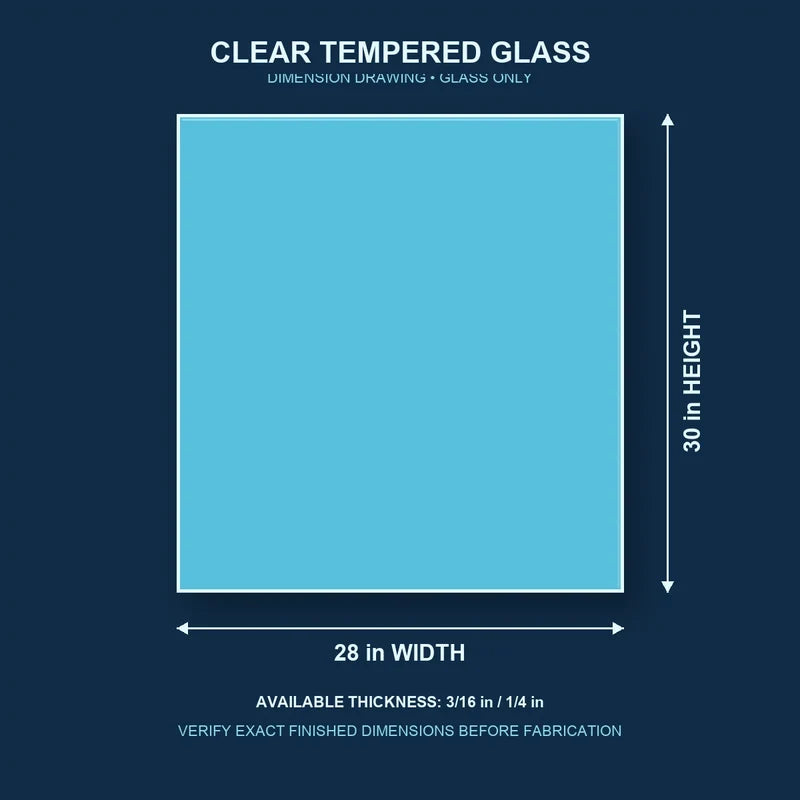 Construction dimension drawing for 28 by 30 inch clear tempered glass