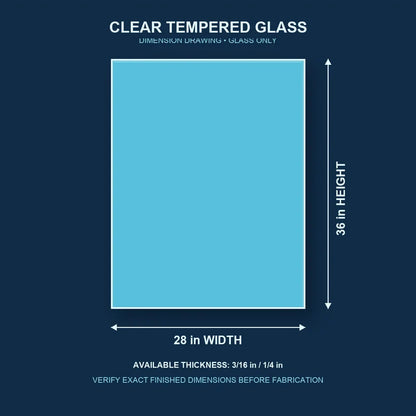 Construction dimension drawing for 28 by 36 inch clear tempered glass