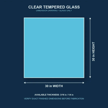 Construction dimension drawing for 30 by 30 inch clear tempered glass