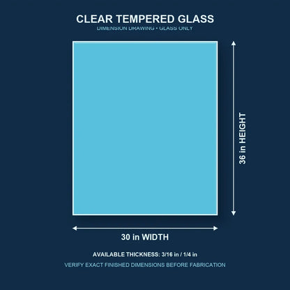 Construction dimension drawing for 30 by 36 inch clear tempered glass