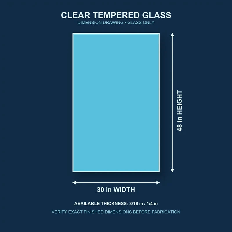 Construction dimension drawing for 30 by 48 inch clear tempered glass