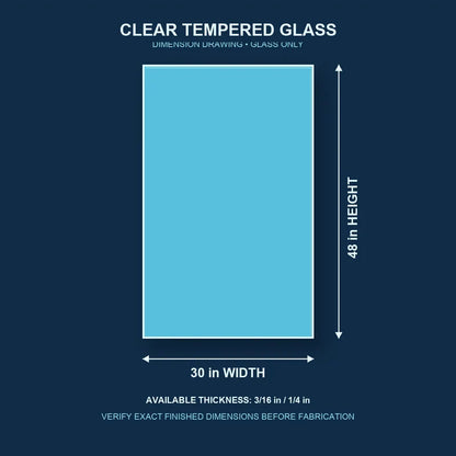 Construction dimension drawing for 30 by 48 inch clear tempered glass