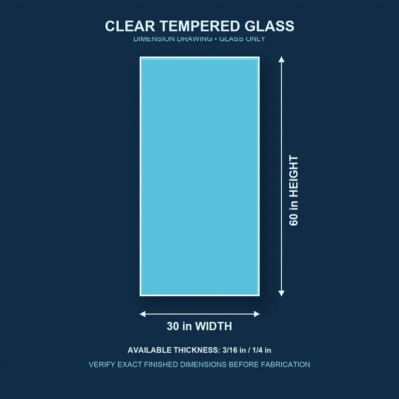 Construction dimension drawing for 30 by 60 inch clear tempered glass