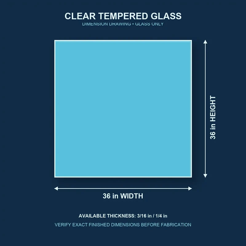 Construction dimension drawing for 36 by 36 inch clear tempered glass