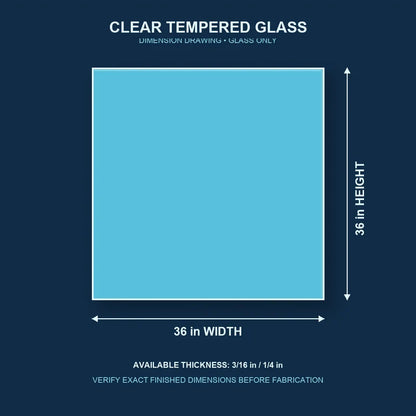 Construction dimension drawing for 36 by 36 inch clear tempered glass