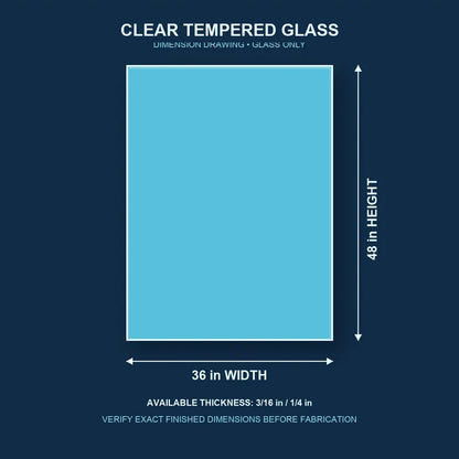 Construction dimension drawing for 36 by 48 inch clear tempered glass