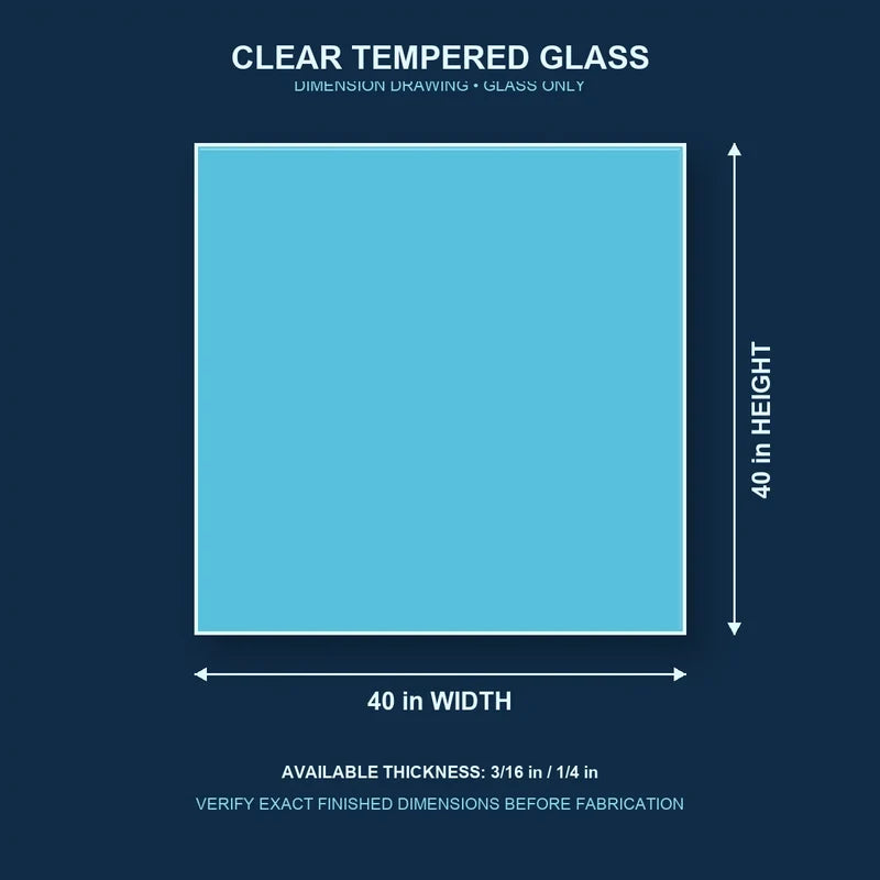 Construction dimension drawing for 40 by 40 inch clear tempered glass
