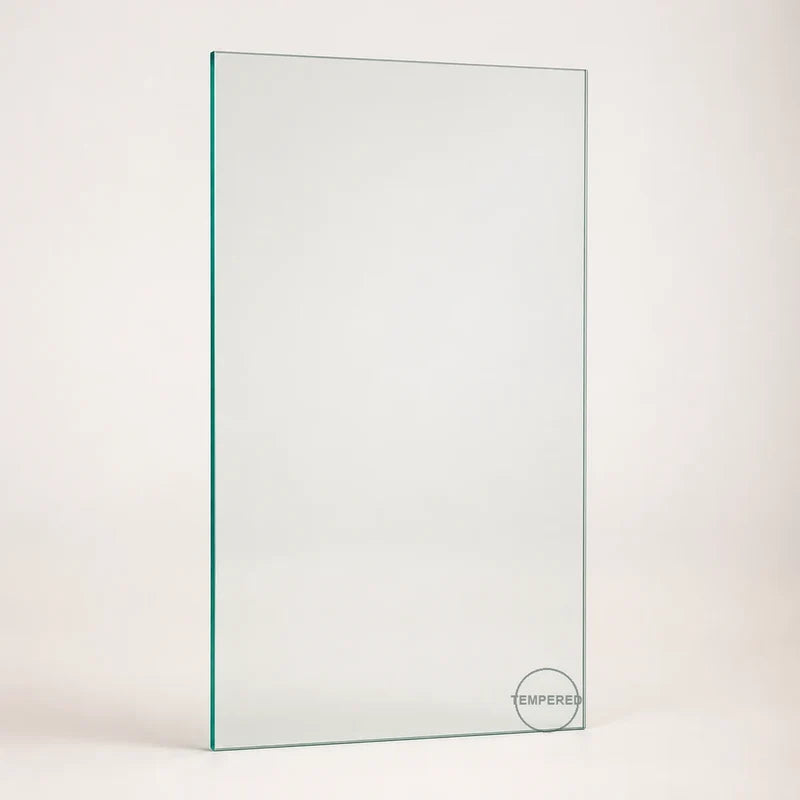 Clear tempered safety glass pane, 8 inches wide by 12 inches high, with tempered mark