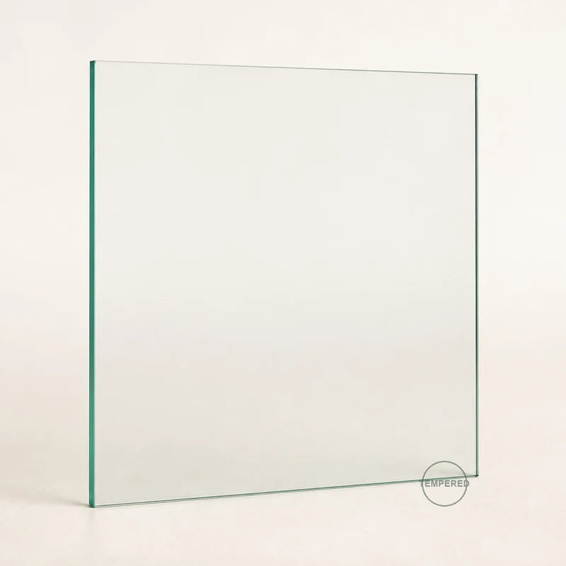 Clear tempered safety glass pane, 8 inches wide by 8 inches high, with tempered mark