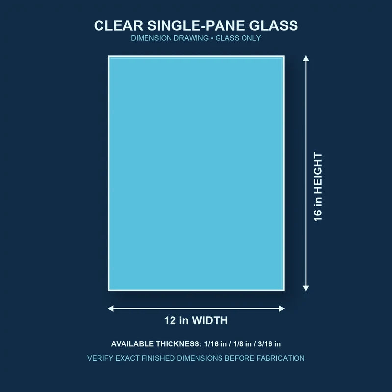 Dimension diagram for 12 by 16 inch clear single-pane window glass
