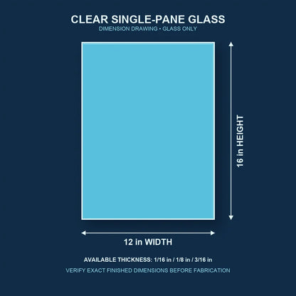 Dimension diagram for 12 by 16 inch clear single-pane window glass