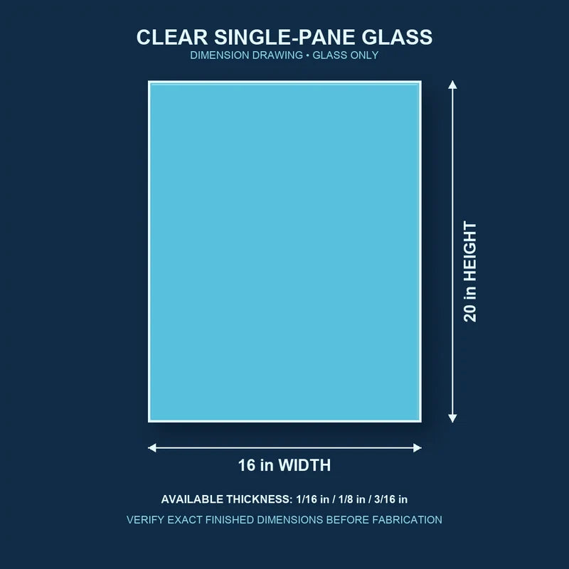 Dimension diagram for 16 by 20 inch clear single-pane window glass