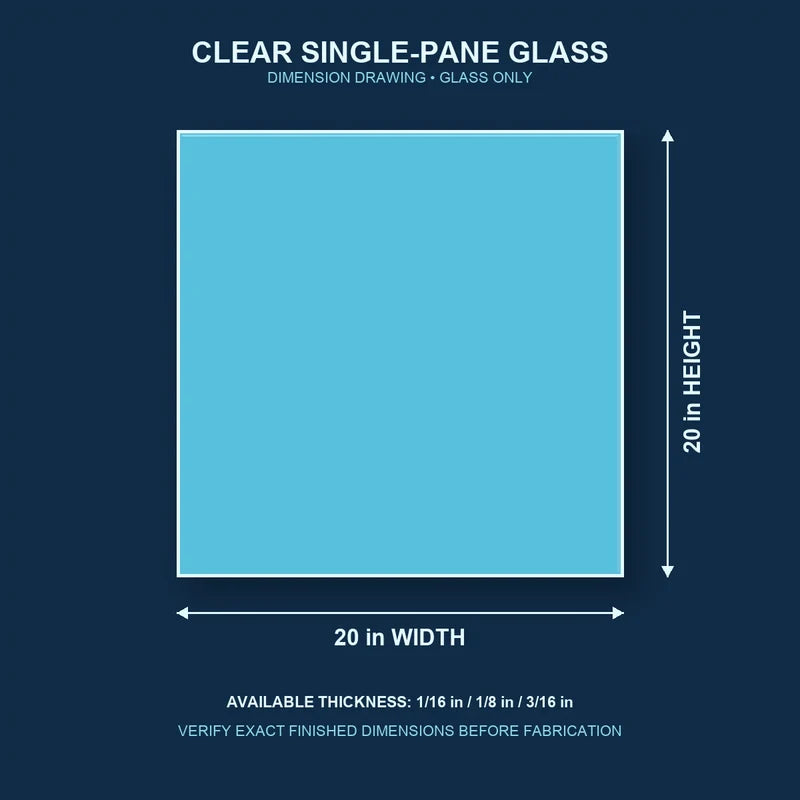 Dimension diagram for 20 by 20 inch clear single-pane window glass