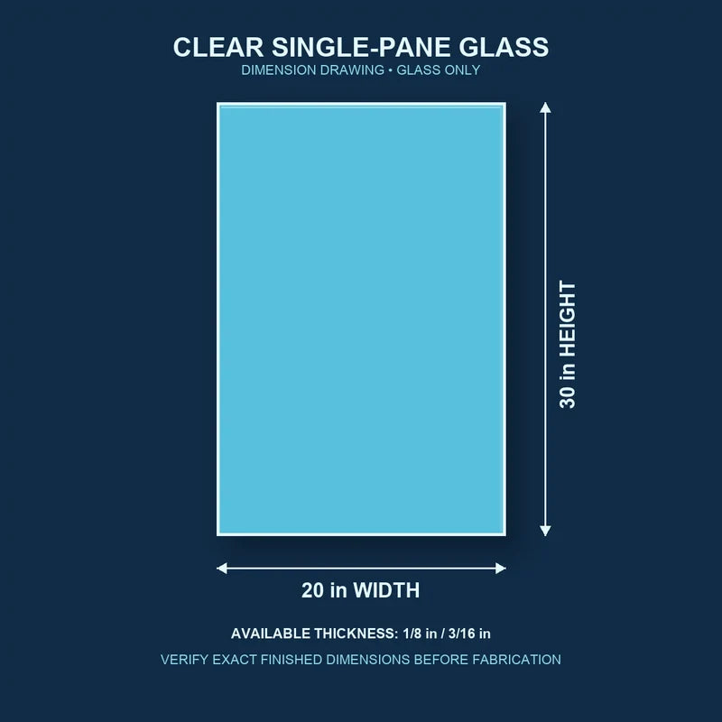 Dimension diagram for 20 by 30 inch clear single-pane window glass