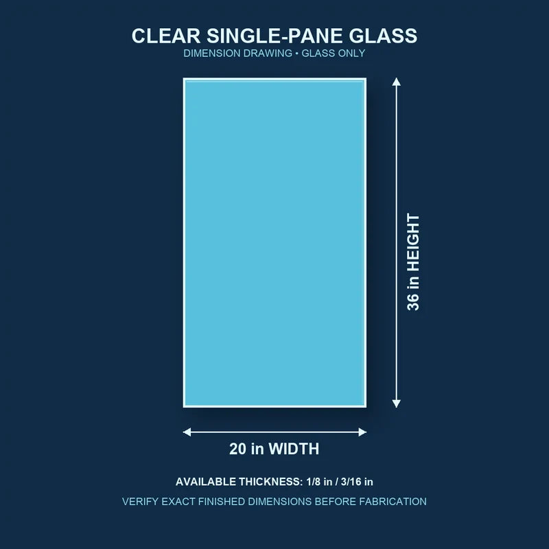 Dimension diagram for 20 by 36 inch clear single-pane window glass