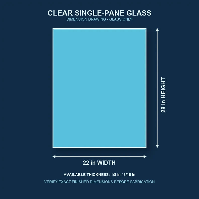 Dimension diagram for 22 by 28 inch clear single-pane window glass