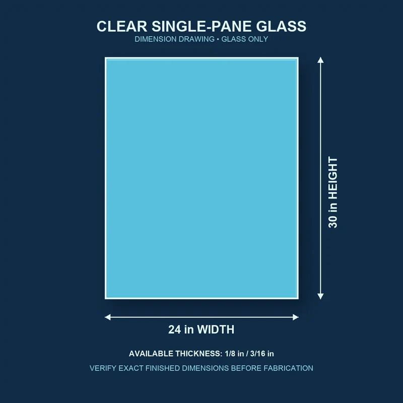 Dimension diagram for 24 by 30 inch clear single-pane window glass