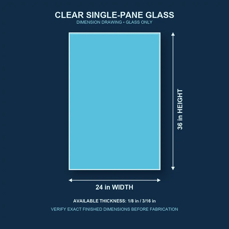 Dimension diagram for 24 by 36 inch clear single-pane window glass