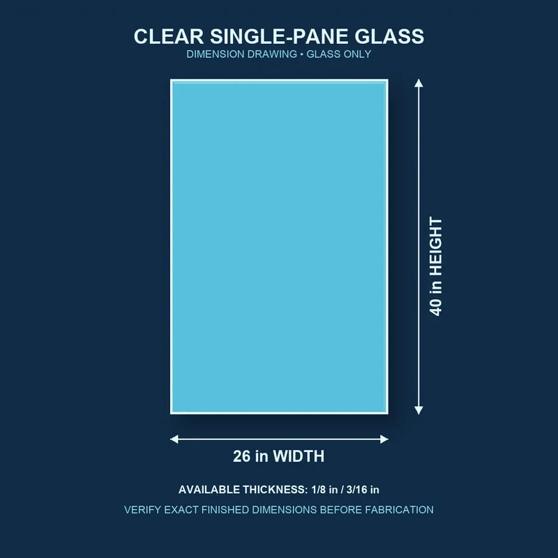 Dimension diagram for 26 by 40 inch clear single-pane window glass