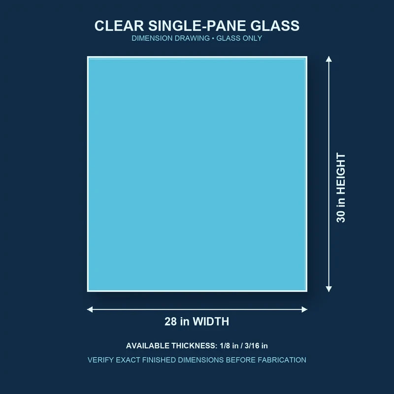 Dimension diagram for 28 by 30 inch clear single-pane window glass