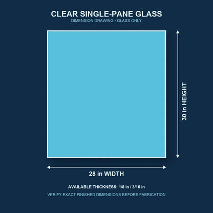 Dimension diagram for 28 by 30 inch clear single-pane window glass