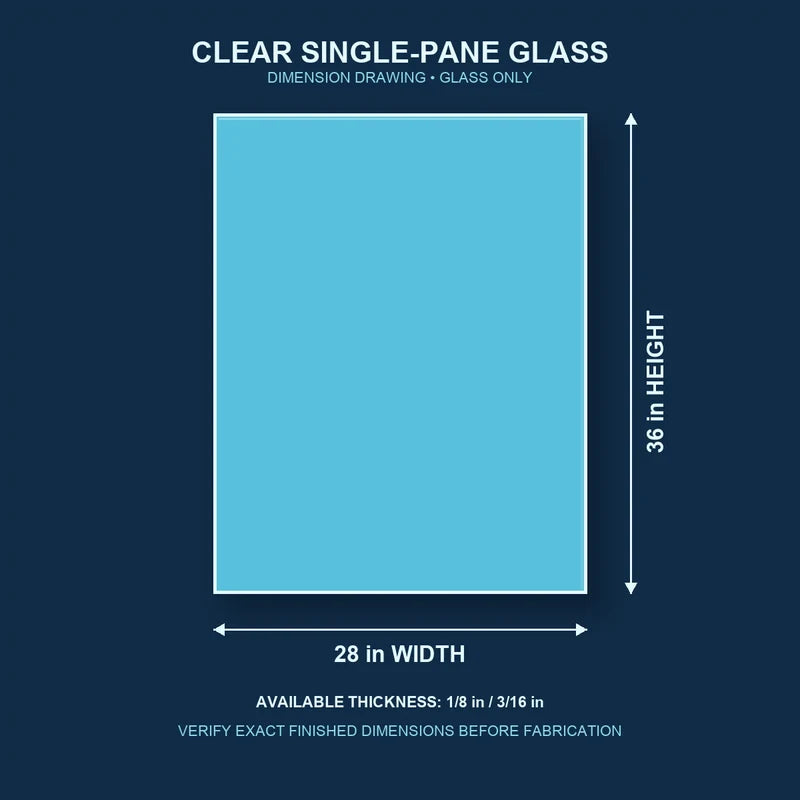 Dimension diagram for 28 by 36 inch clear single-pane window glass
