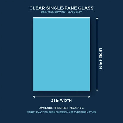 Dimension diagram for 28 by 36 inch clear single-pane window glass