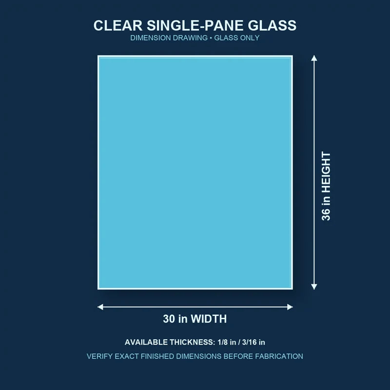 Dimension diagram for 30 by 36 inch clear single-pane window glass