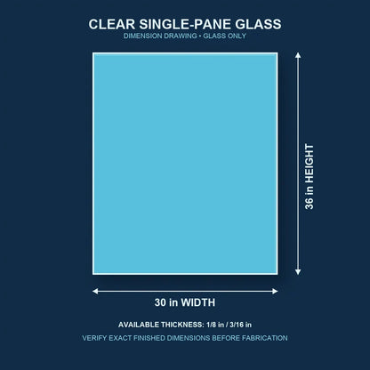 Dimension diagram for 30 by 36 inch clear single-pane window glass