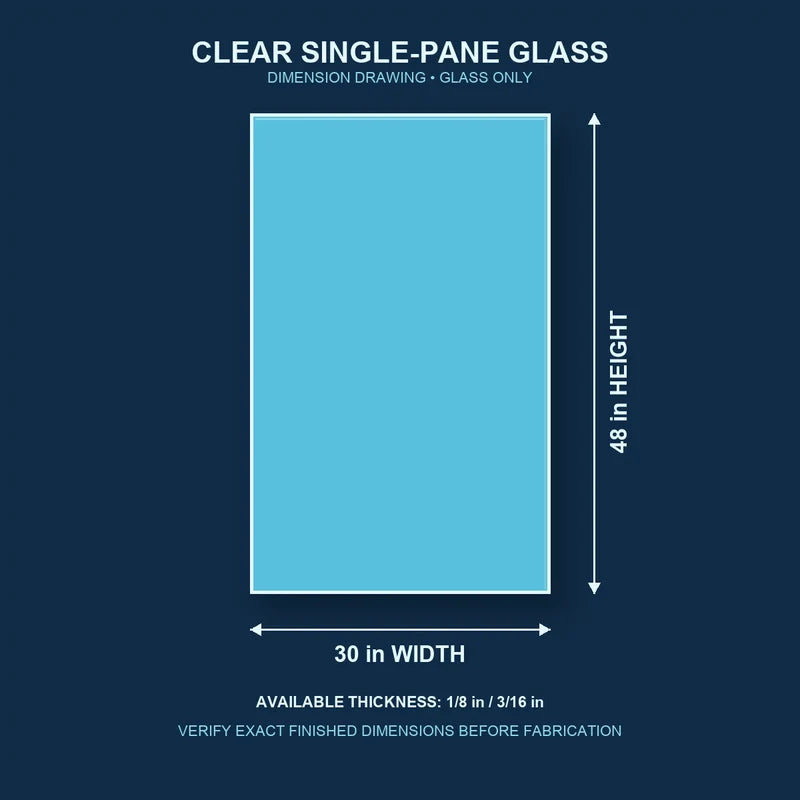Dimension diagram for 30 by 48 inch clear single-pane window glass