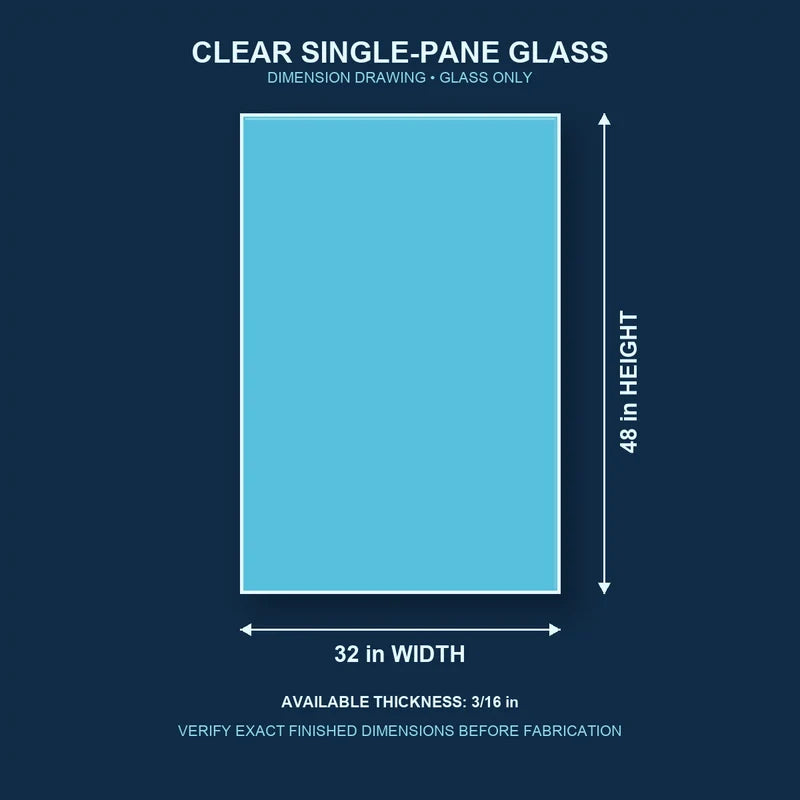 Dimension diagram for 32 by 48 inch clear single-pane window glass