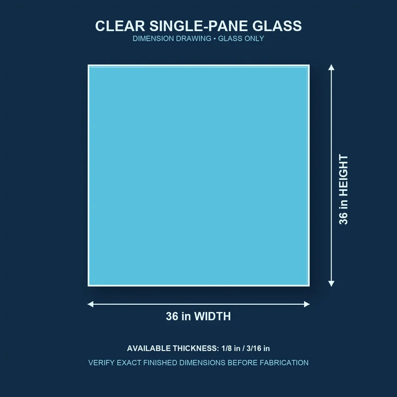 Dimension diagram for 36 by 36 inch clear single-pane window glass