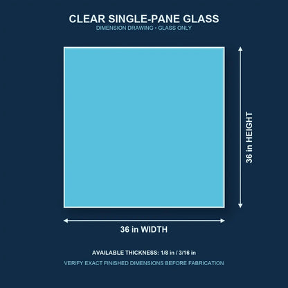 Dimension diagram for 36 by 36 inch clear single-pane window glass