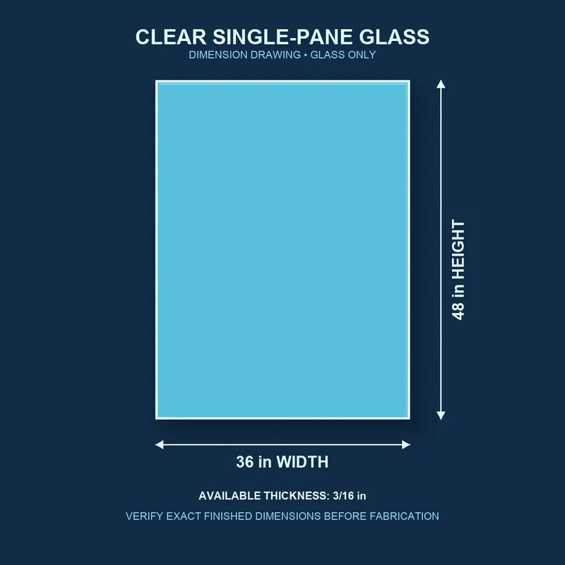 Dimension diagram for 36 by 48 inch clear single-pane window glass