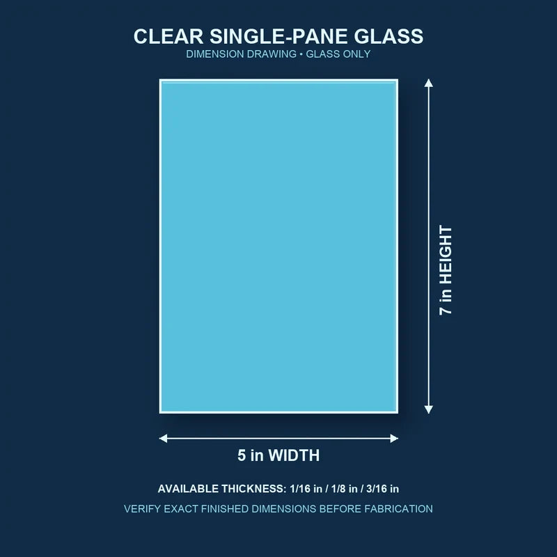 Dimension diagram for 5 by 7 inch clear single-pane window glass