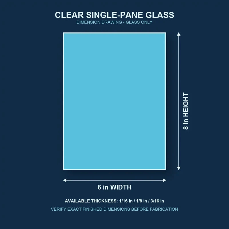 Dimension diagram for 6 by 8 inch clear single-pane window glass